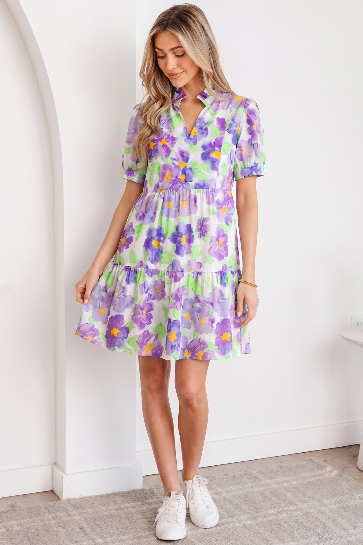 Purple Floral V Collar Short Sleeve Tiered Ruffle Mini Dress