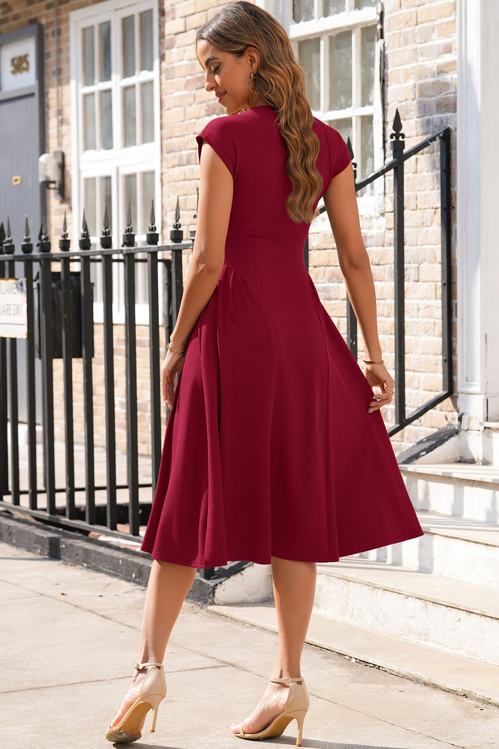Red Dahlia Solid Color V Neck Pleated Flared Midi Dress
