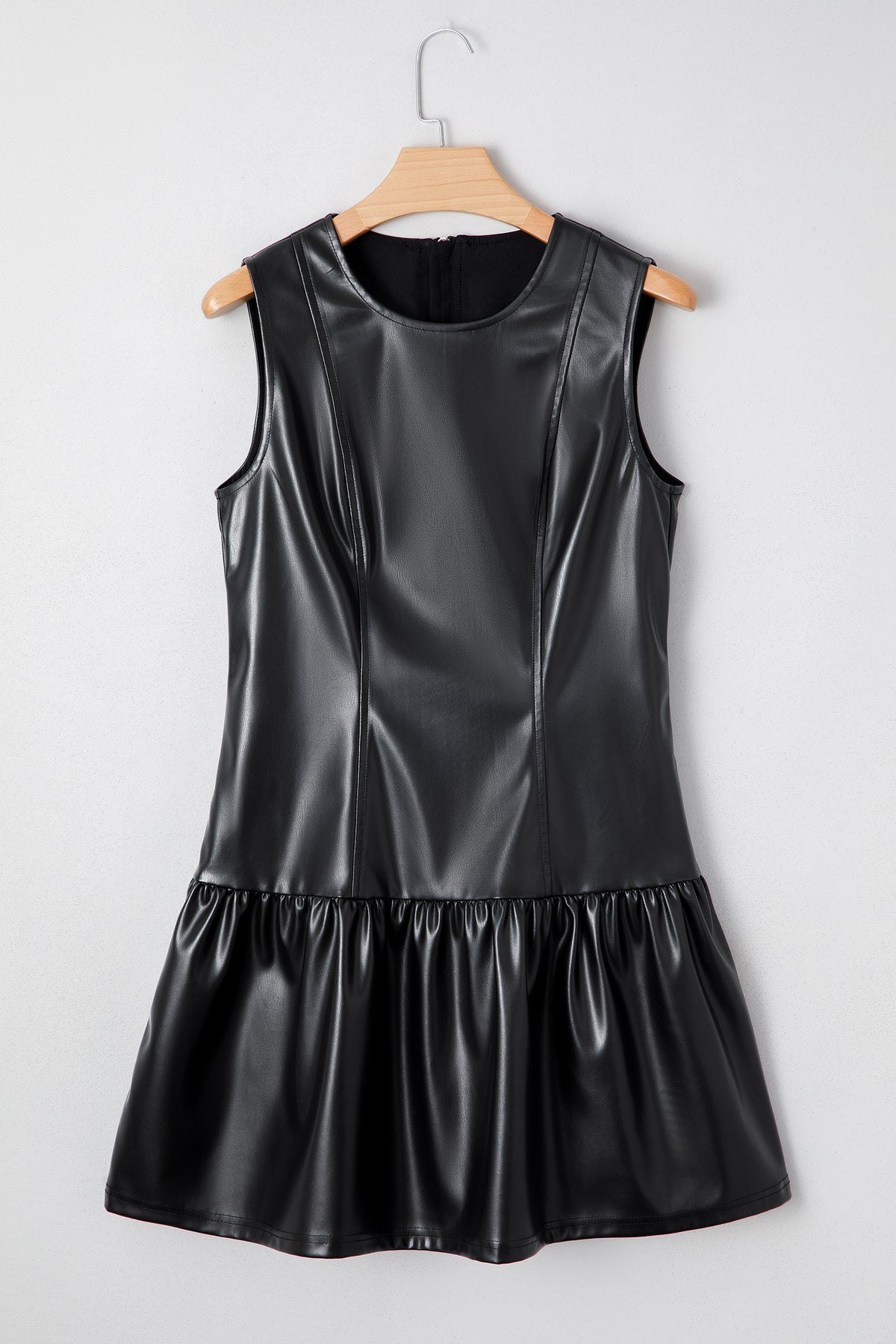 Black Faux Leather Ruffle Hem Sleeveless Mini Dress