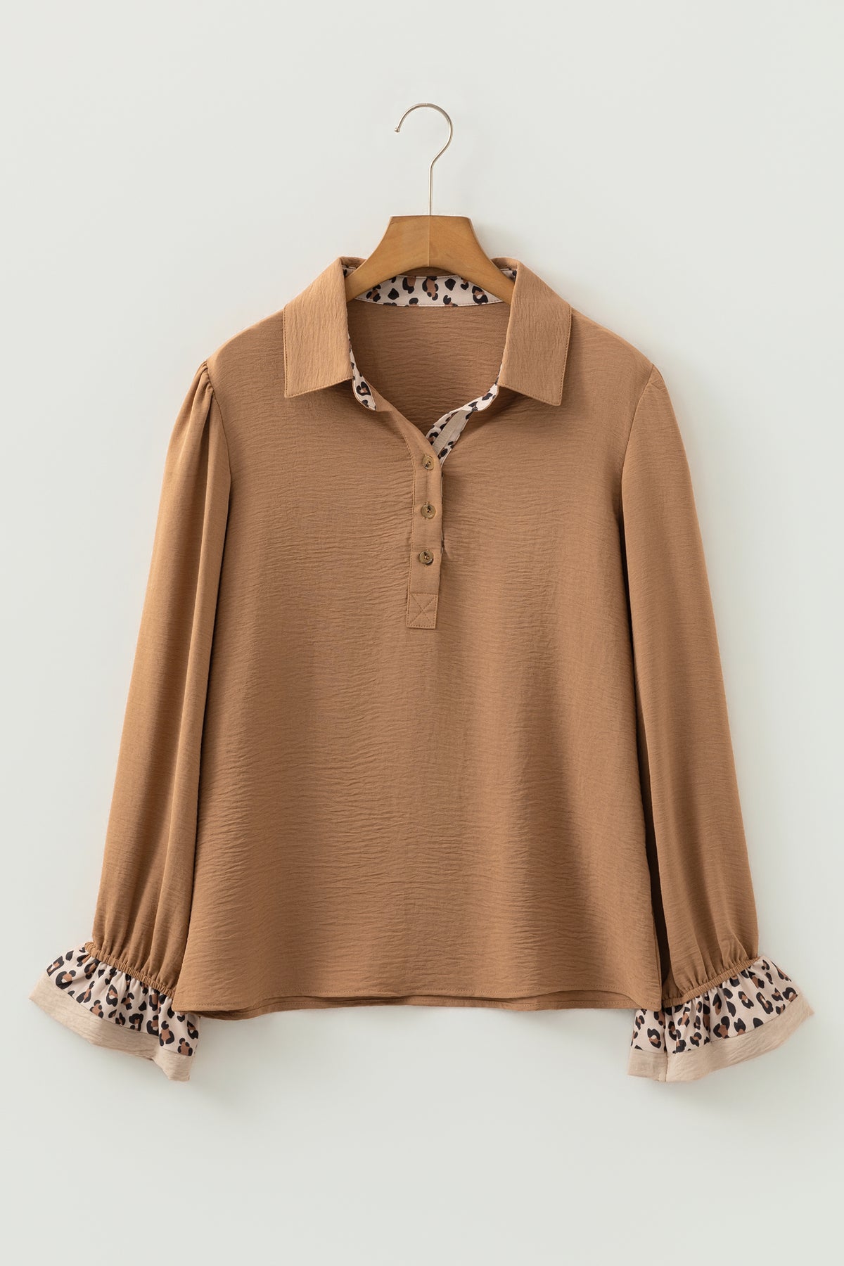 Black Contrast Leopard Print Patchwork Polo Collar Buttons Front Ruffled Long Sleeve Blouse