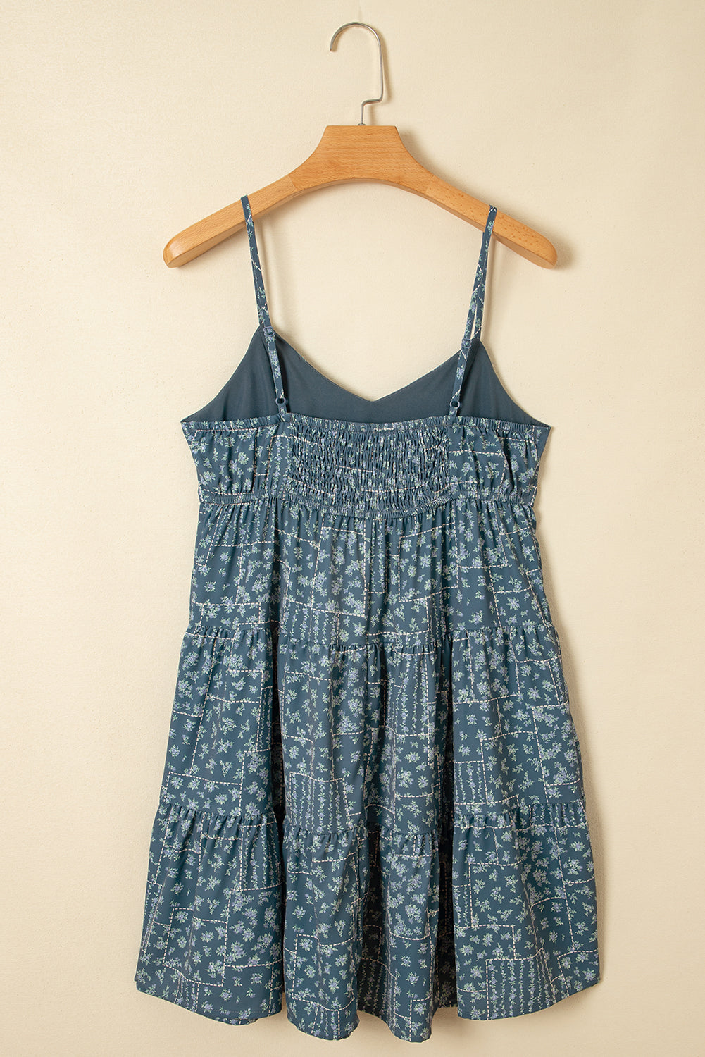 Blue Spaghetti Straps Floral Print Knot Detail High Waist Flared Dress
