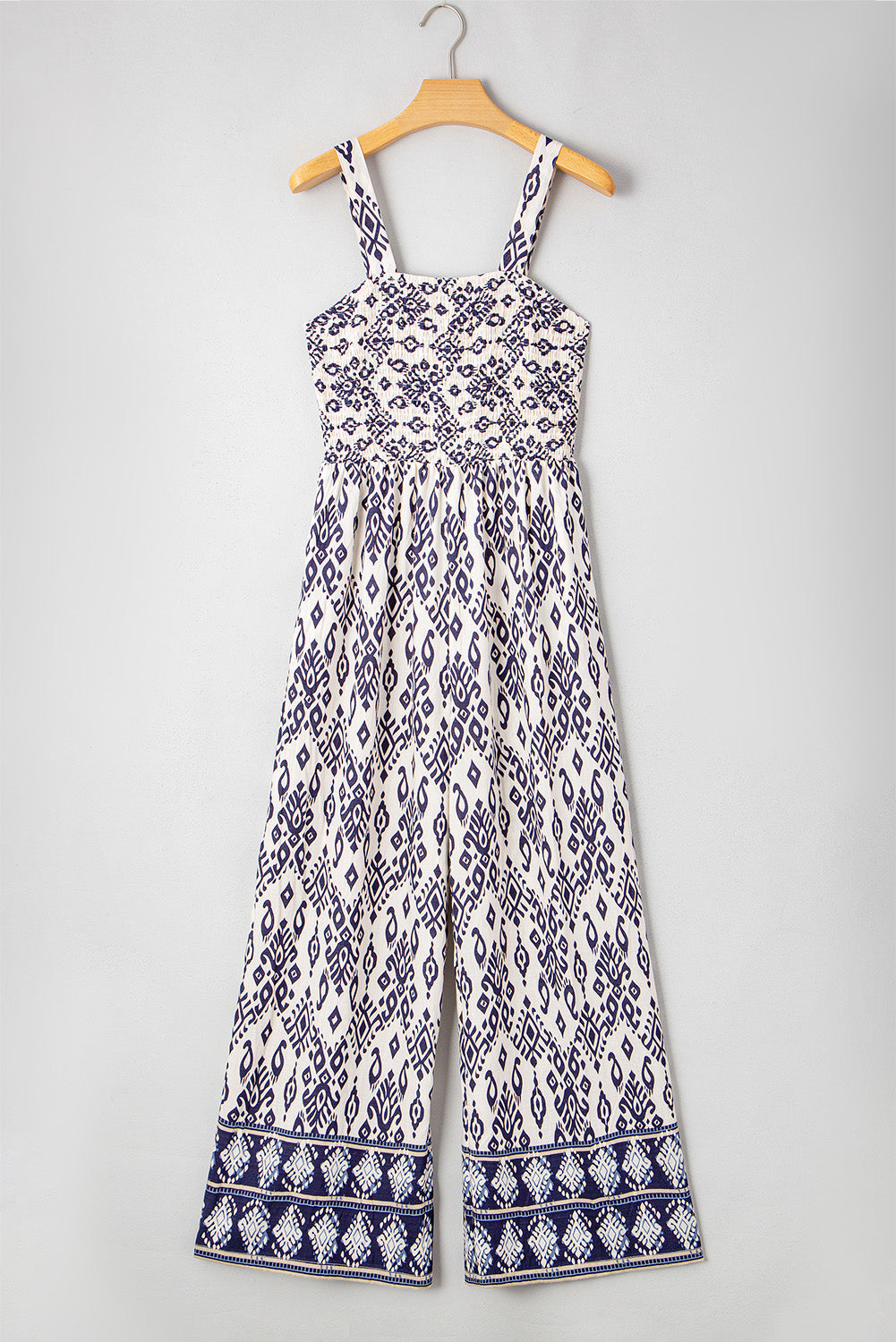 Blue Boho Geometric Print Shirred High Waist Wide Leg Jumpsuit