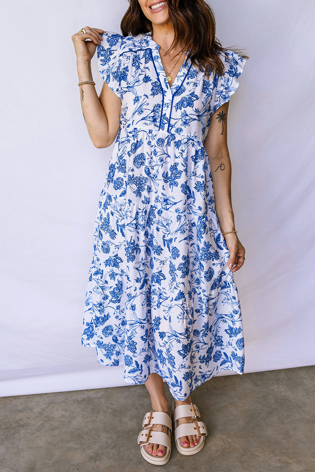 Blue Ruffled Short Sleeve Tiered Floral Midi Dress