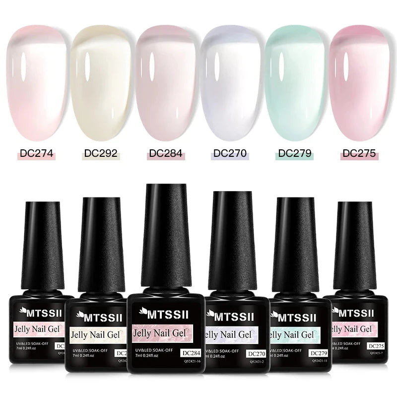 MTSSII 6Pcs/Set Jelly Gel Nail Polish Jelly Transparent Pink Green Black Blue UV Gel Nail Art Varnish Kit Spring Manicure Nails