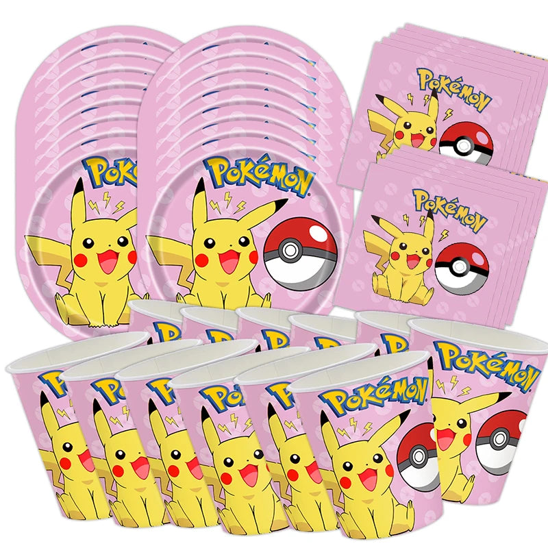 60pcs Pokemon Tableware Pikachu Birthday Decoration Disposable Cups Plates Napkins Happy Birthday Baby Shower Supplies Toys 