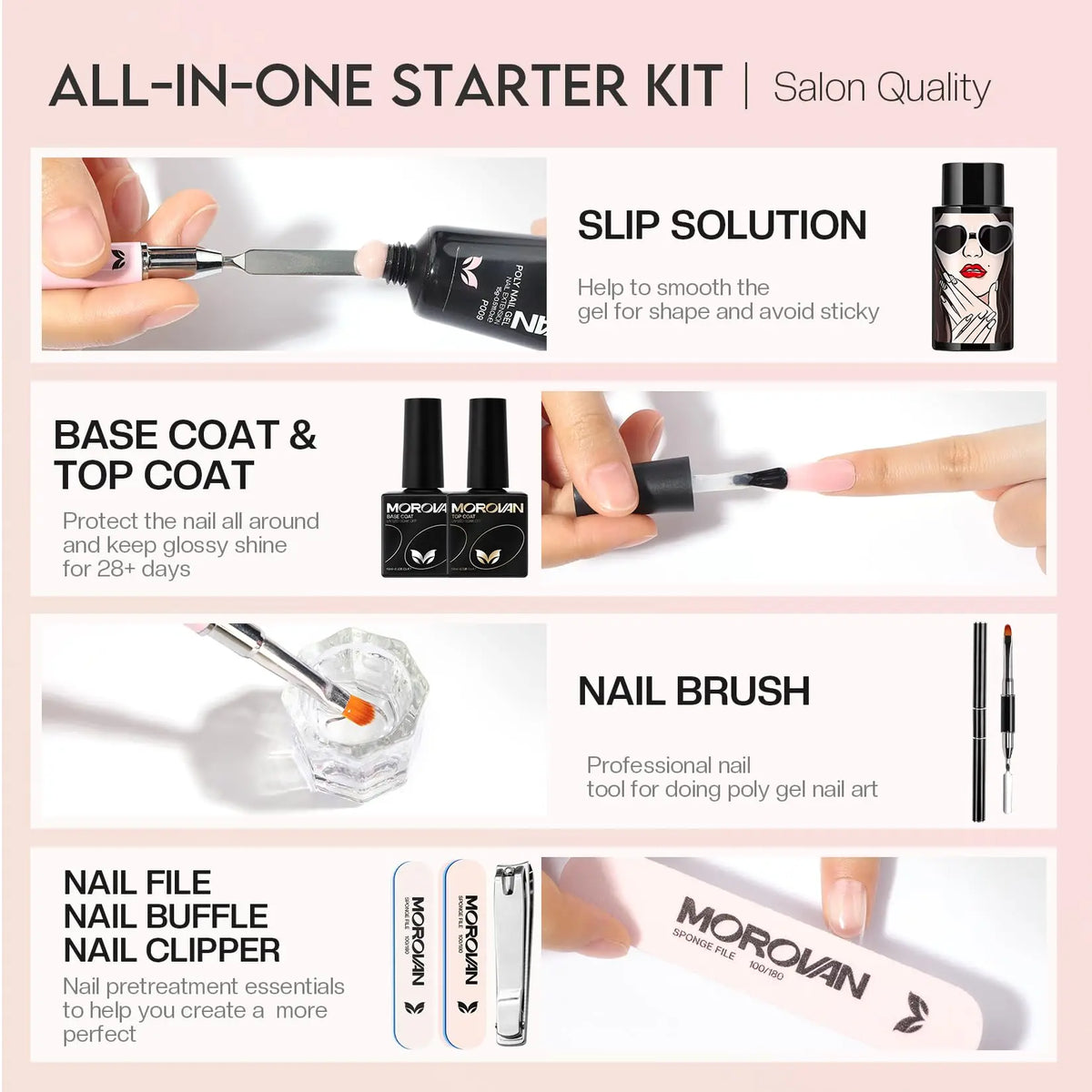 Morovan Poly Gel Nail Enhancement Kit Starter Kit: 6-color Poly nail gel kit with U V light, suitable for beginner nail salon