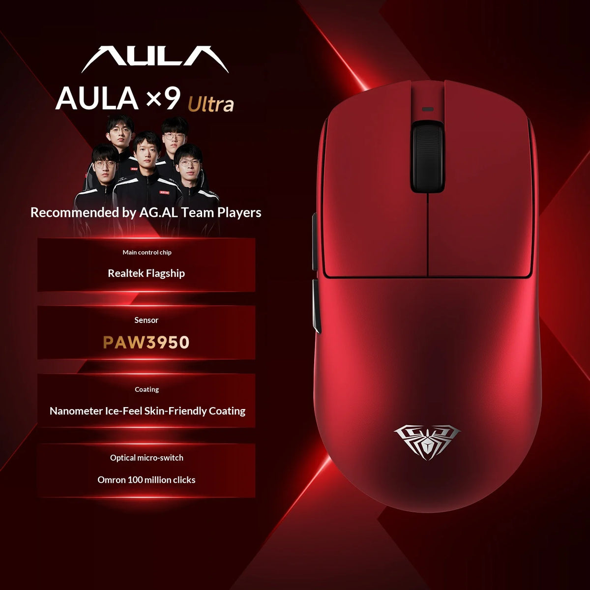 AULA X9 Max Ultra Gaming Mouse Wireless Tri Mode Dual 8KHz 500mAh PAW3950 Lightweight Ergonomic Esports Mouse Gaming Accessories