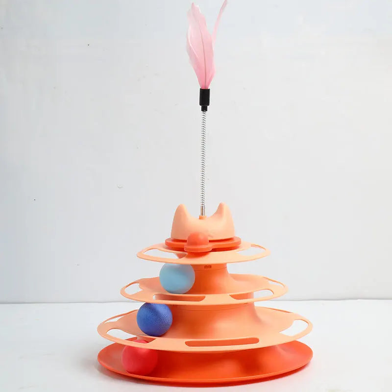 Interactive Cat Toy Tower Kitten Turntable Track Roller Balls Toys With Feather Pets Supplies Toy For Cat Tower