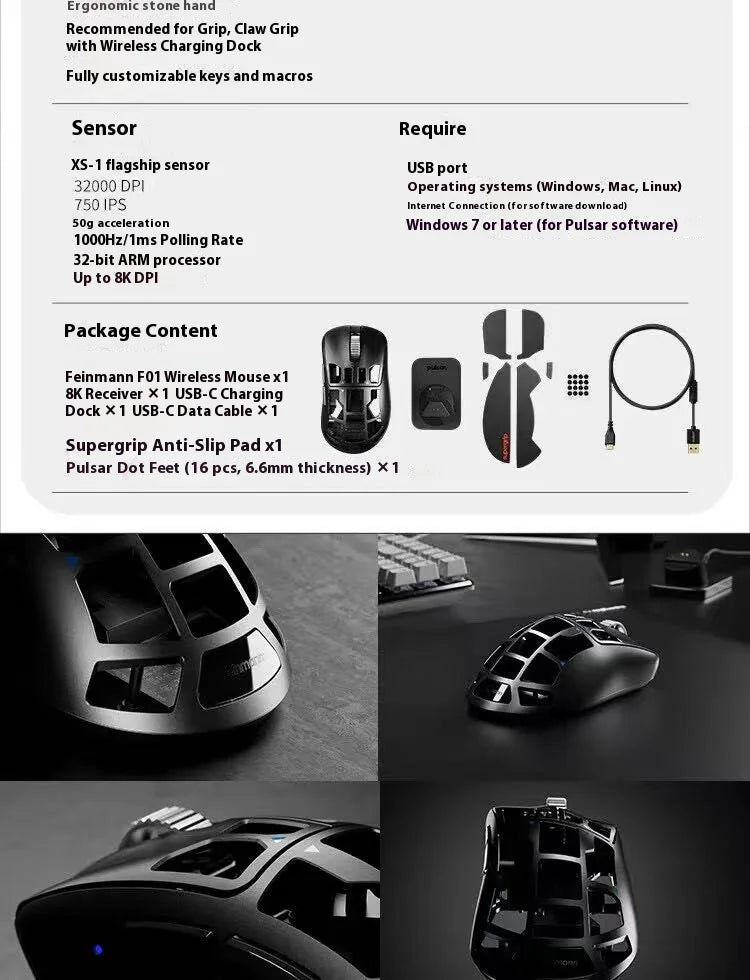 Pulsar Feinmann F01 Mouse Dual Mode Wireless Mouse 8000Hz XS-1 Gaming Mouse Magnesium Alloy Hollow-Out Lightweight PC Accessory