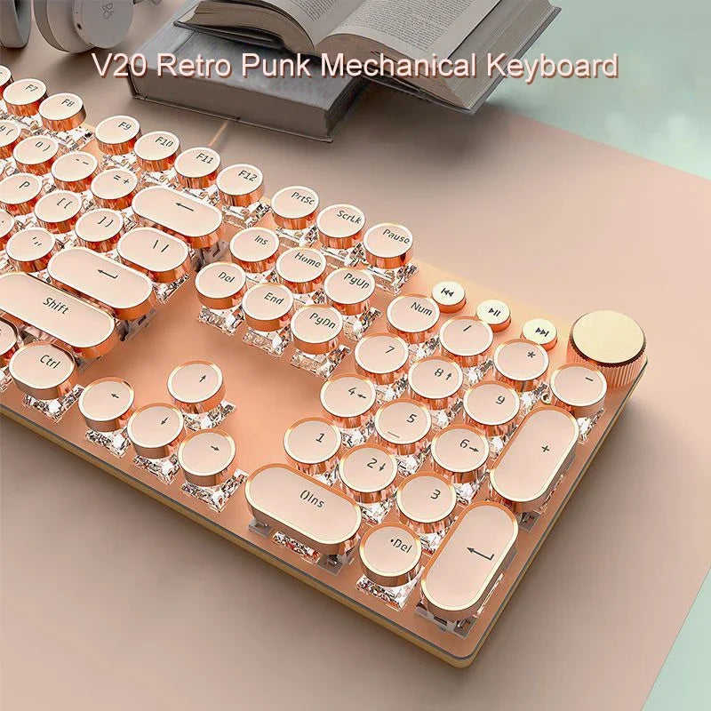 EWEADN V20 Mechanical Keyboard Wired Cute 104 Keys Round Keycaps Gaming Keyboard Retro Punk White Backlit Office Computer Mute