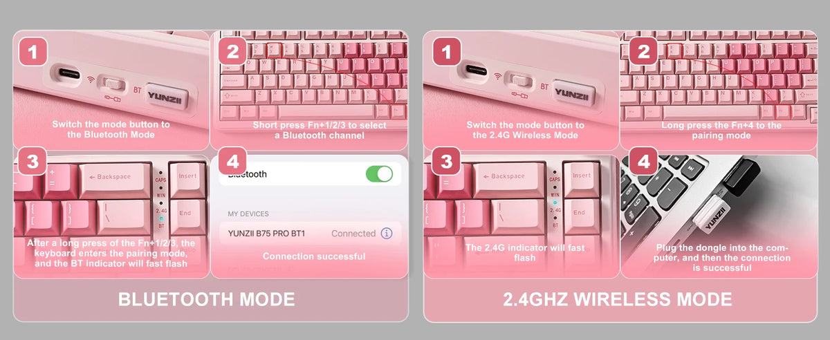 YUNZII B75 PRO Pink Mechanical Gaming Keyboard, Bluetooth/Wire/Wireless 75 Knob RGB Keyboard, Gasket Hot-Swap Custom Creamy Keeb