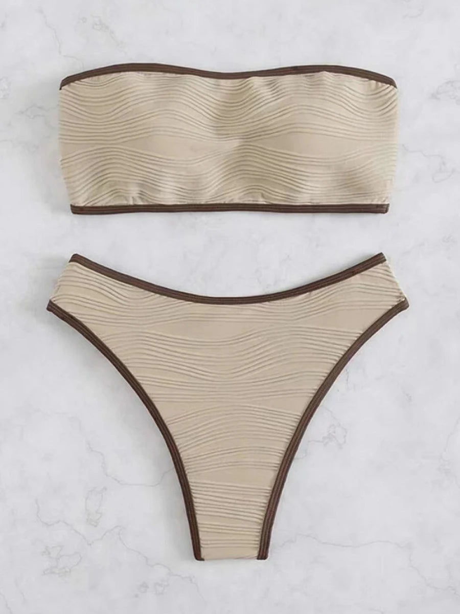 Sexy Bandeau High Waist Bikini 2023 Women Triangle Swimsuit Stitch Detail Swimwear Padded Bathing Suit Female Solid Beachwear