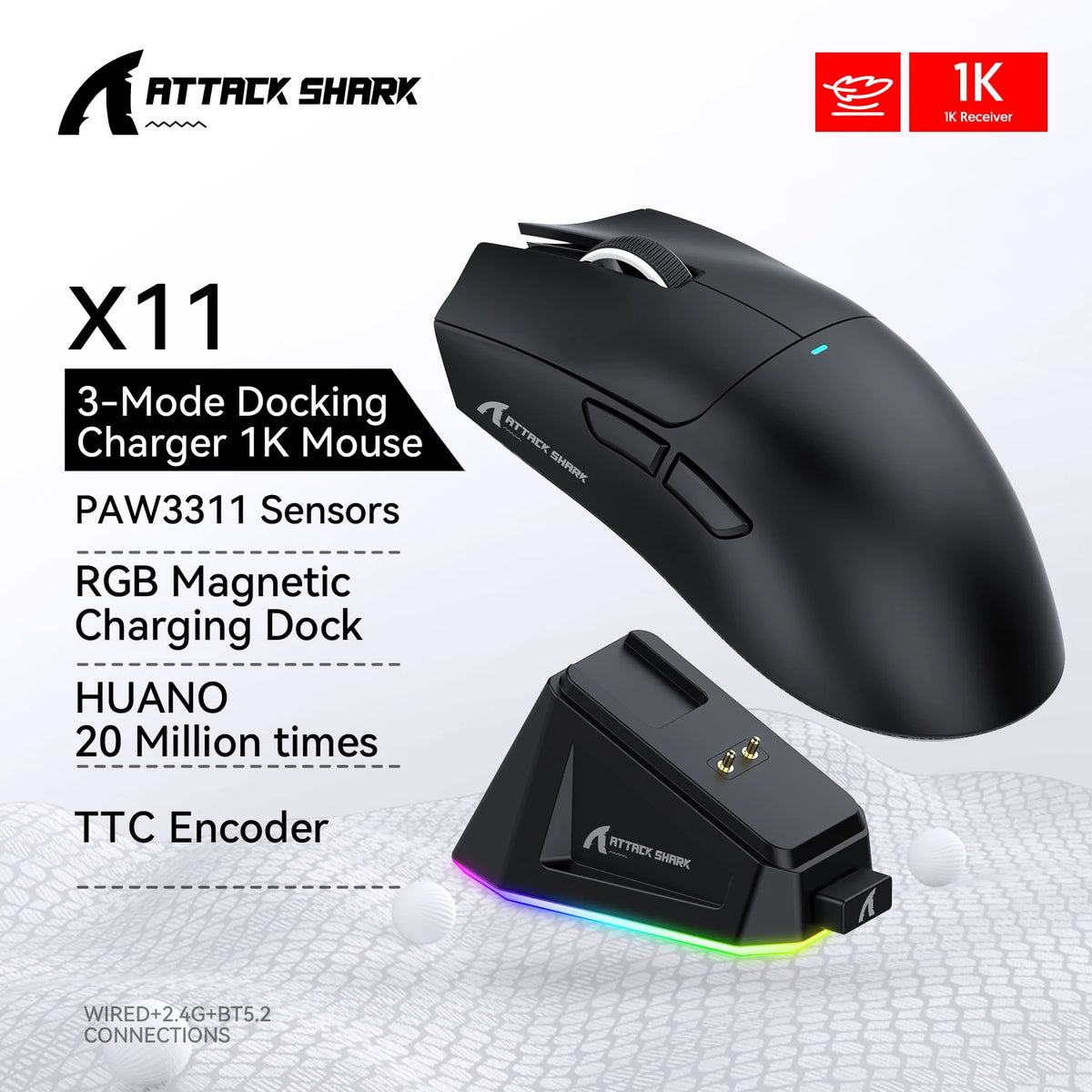 Attack Shark X11 Mouse PAW3311 Wireless 1K Hz Macro Magnetic RGB Docking Charger for Gaming