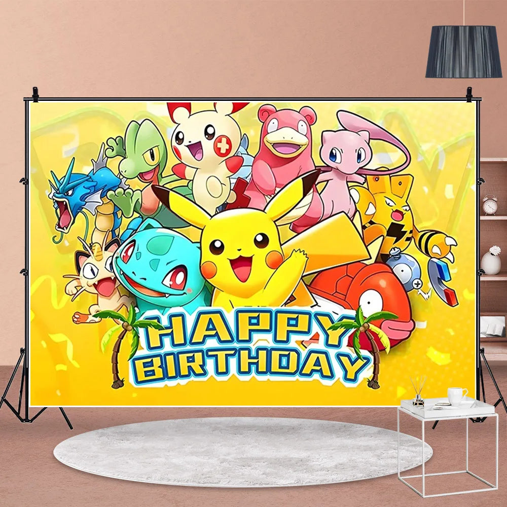 Cartoon Cute Kid Birthday Party Decorations Backdrop Pikachu Theme Photography Background Baby Shower Banner Photo Booth Props