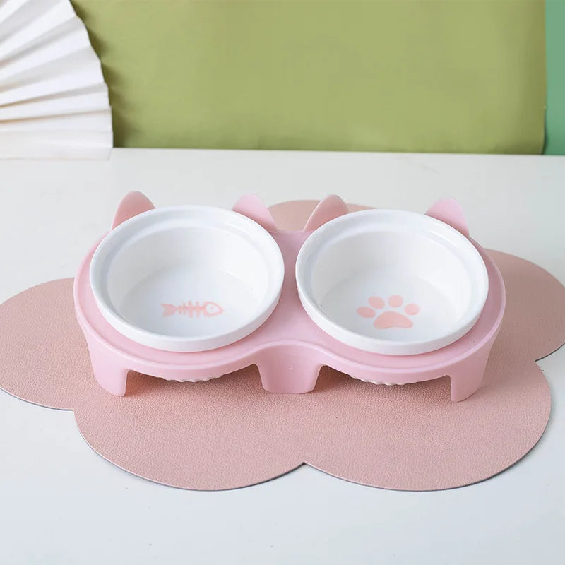 Pet ceramic feeding bowl, double bowl, inclined angle to hold food and water, protect the cat's cervical spine.