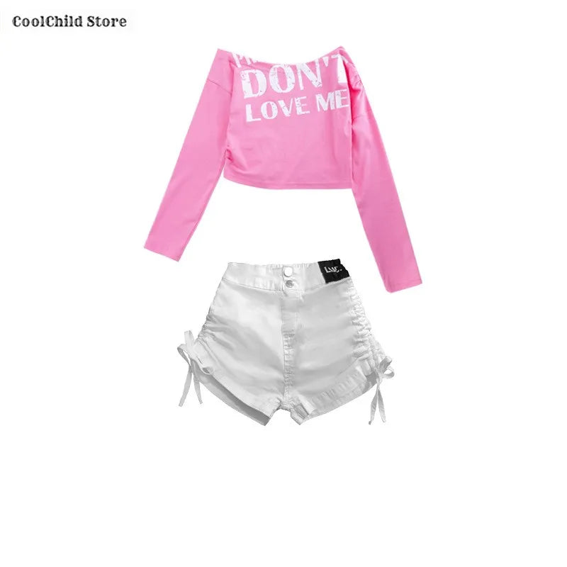 Girls Hip Hop Off Shoulder Crop Top Street Dance Skirts Cargo Pants Children Streetwear Jeans Kids K-pop Girl Group Clothes Set