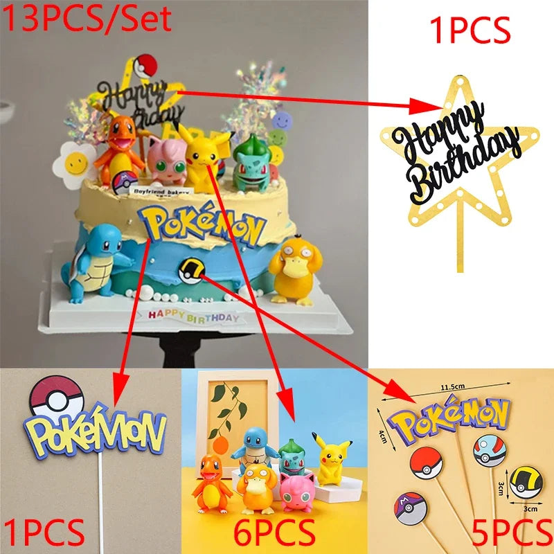 13PCS/SET Pikachu Cake Topper Decoration Boy Girl Happy Birthday Cute Poke Boll Vinyl Anime Figure Cake Ornaments Bake Supplies