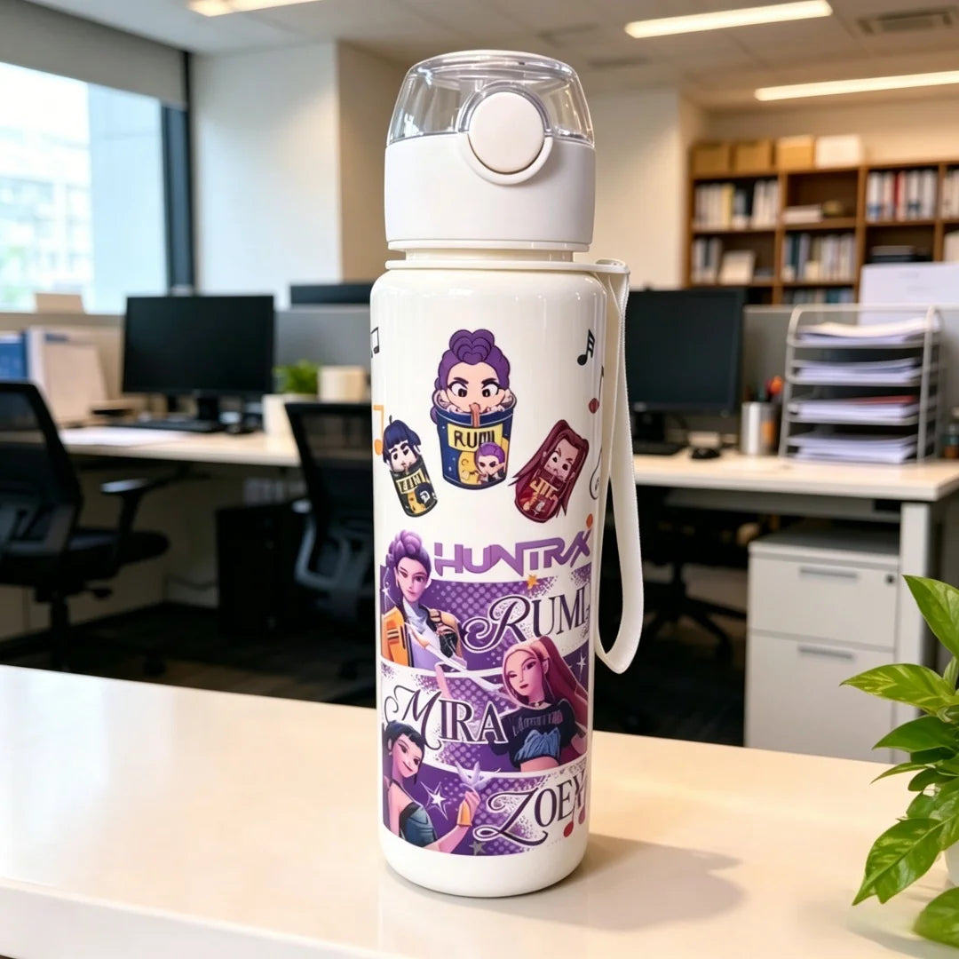 Kids' K-Pop HUNTRX "White Edition" 700ML Water Bottle: 3D Comic Art Leak-Proof Flask
