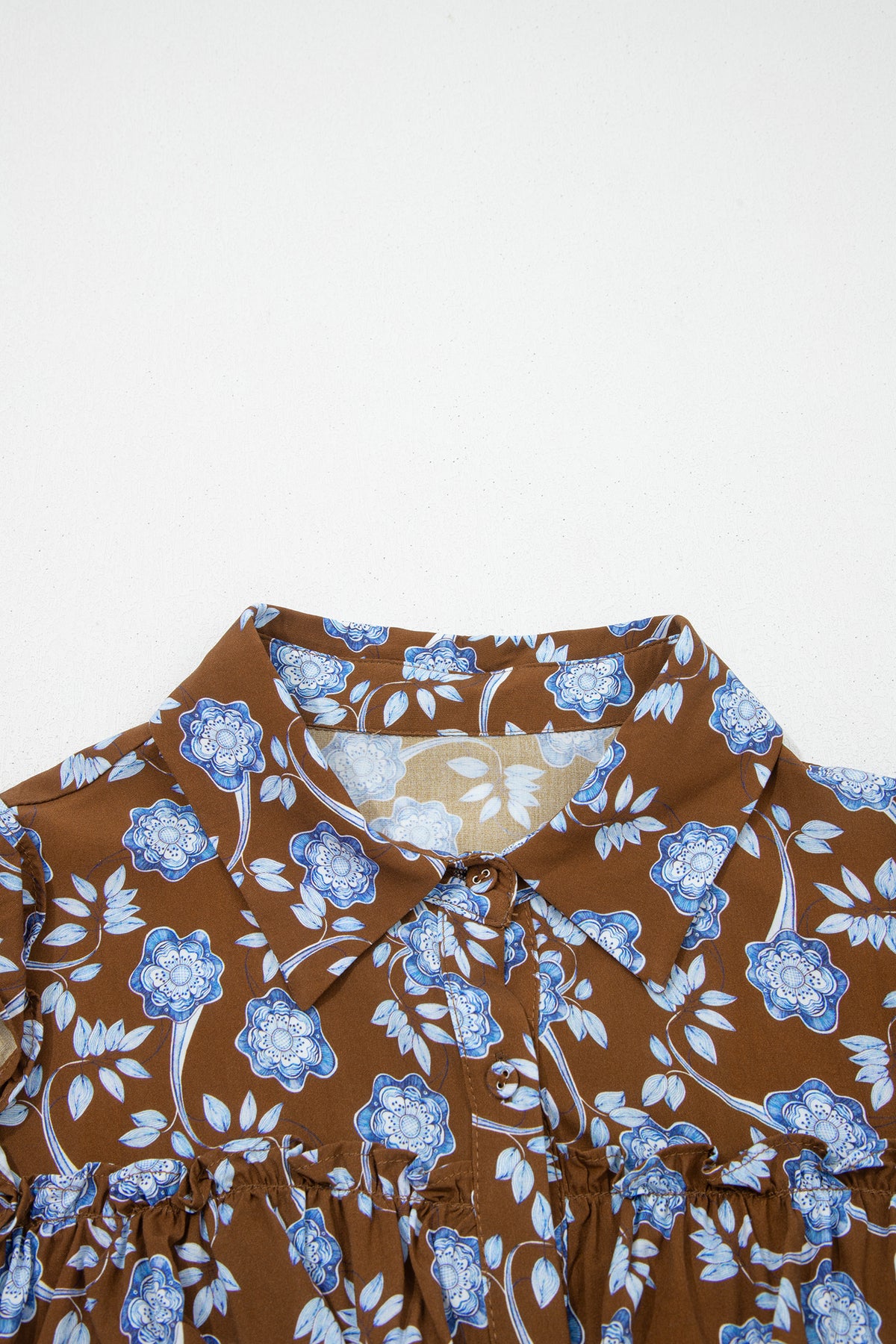 Brown Floral Print Ruffled Detail Shirt Collar Button Down Long Sleeve Dress