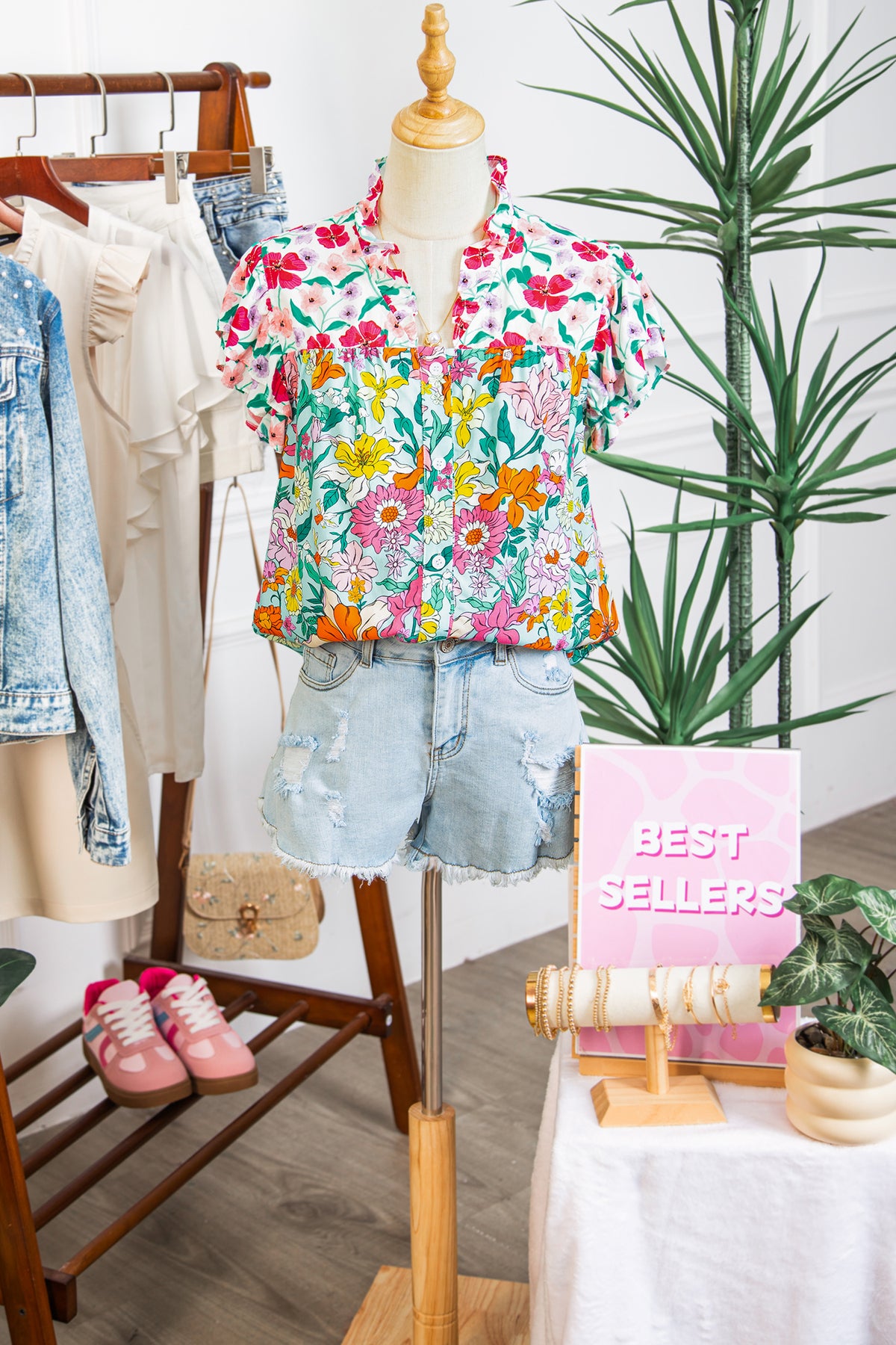 Sky Blue Floral Print Split Neck Button Front Flutter Sleeve Blouse