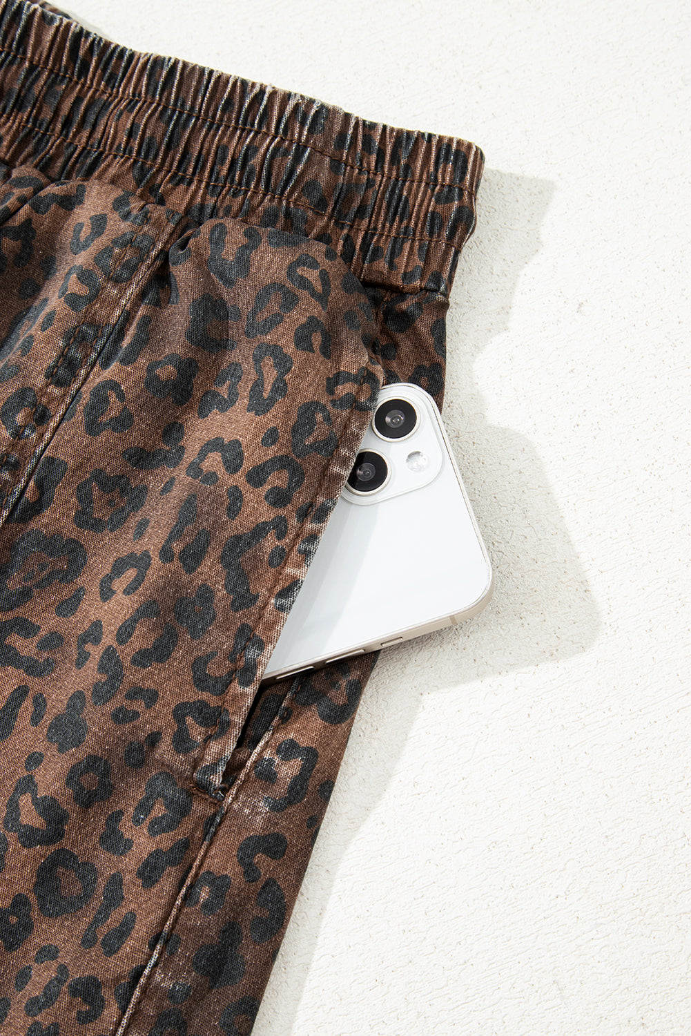 Brown Leopard Print Elastic Waistband Drawstring Denim Skort