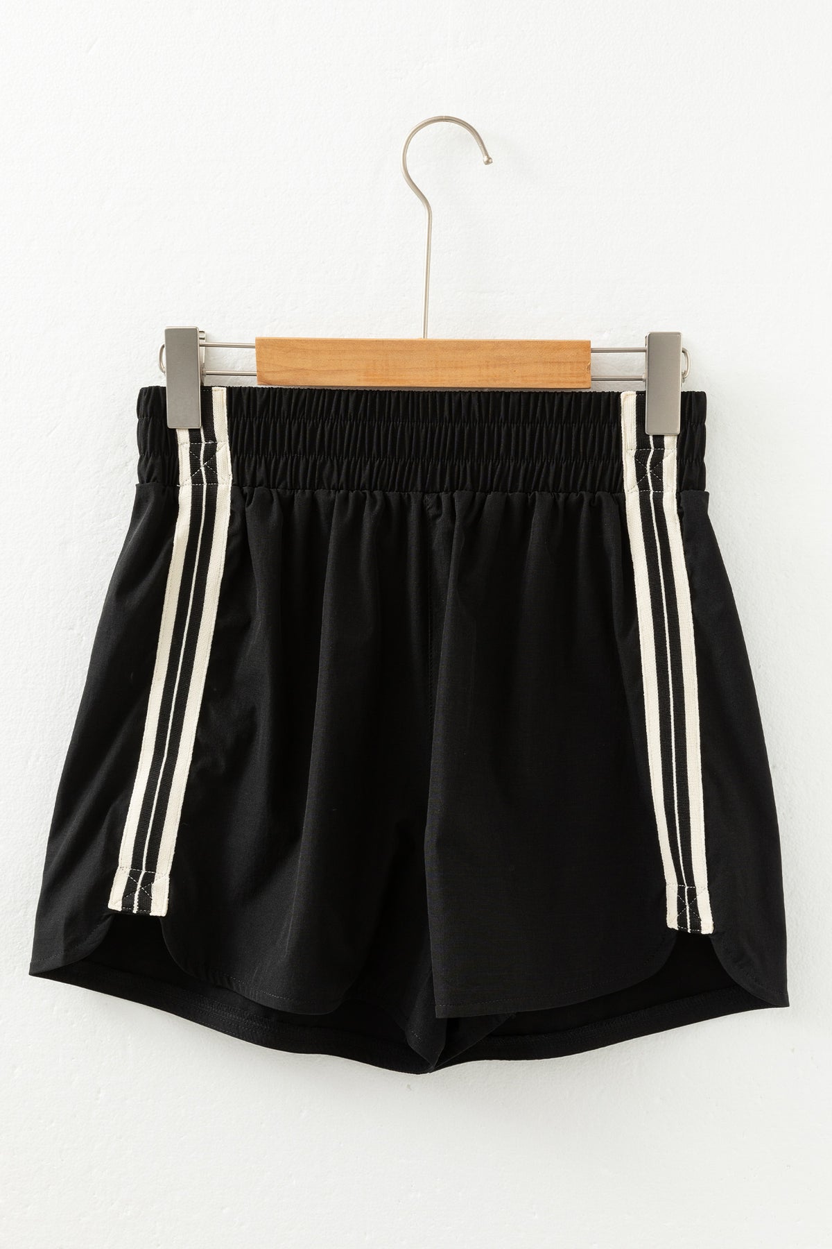 Black Elastic Waist Varsity Striped Detail Athleisure Shorts