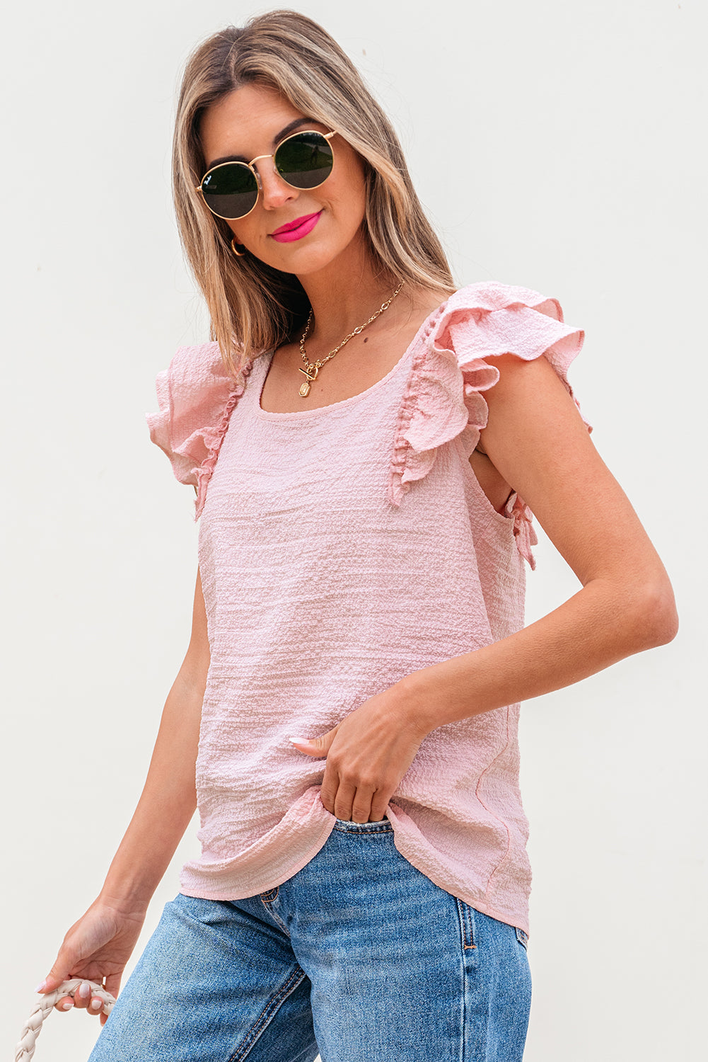 Beau Blue Textured Bow Knot Frilled Butterfly Sleeve Blouse