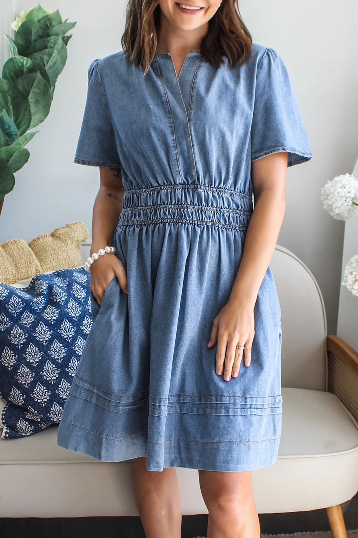 Myosotis Elastic Waist Short Sleeve Denim Mini Dress