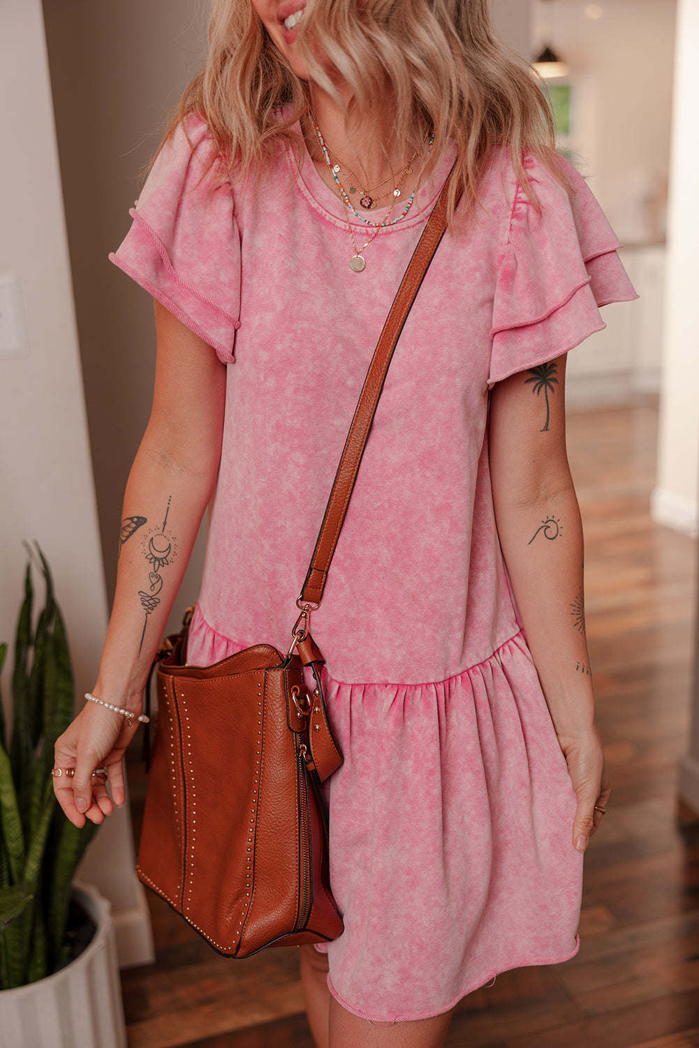 Sachet Pink Mineral Wash Raw Edge Ruffle Mini Dress