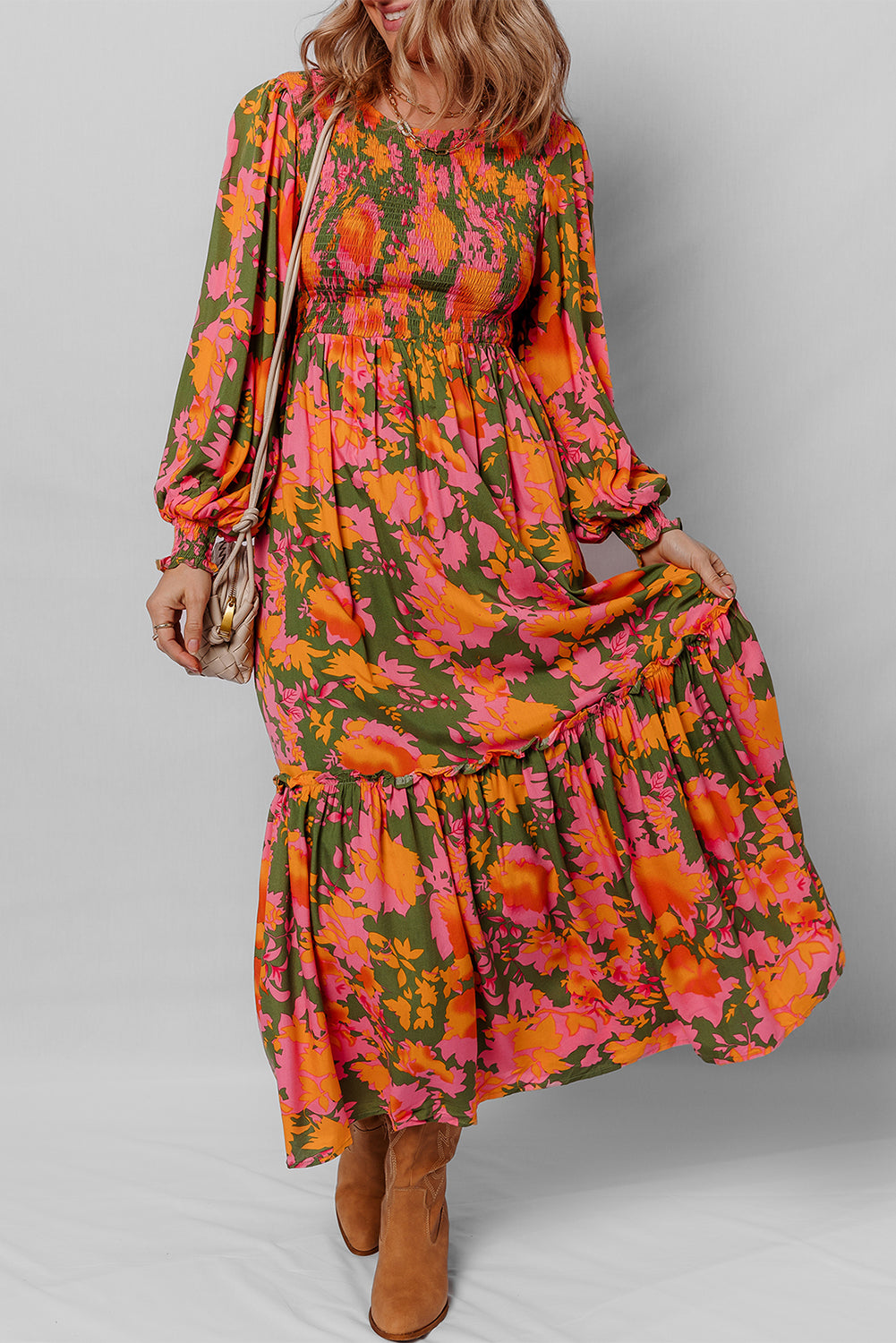 Orange Floral Puff Sleeve Smocked Bodice Ruffled Long Dress