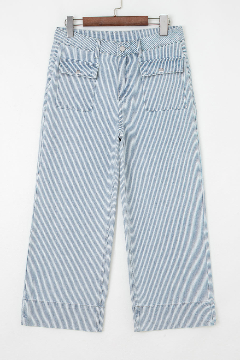 Sky Blue Stripe Button Flap Pocket Cuffed Hem Wide Leg Jeans
