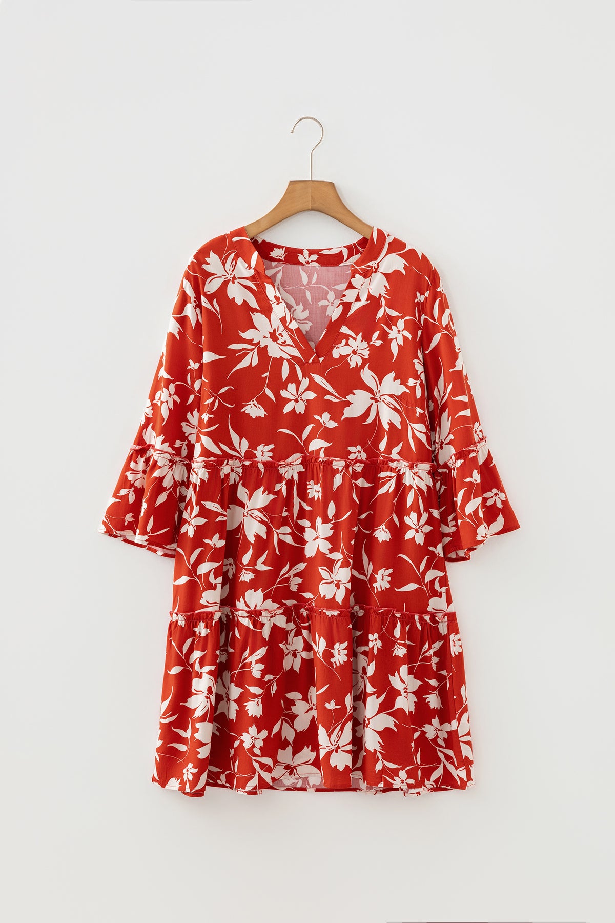 Sky Blue Boho Floral Print Lettuce Trim 3/4 Sleeve Mini Dress