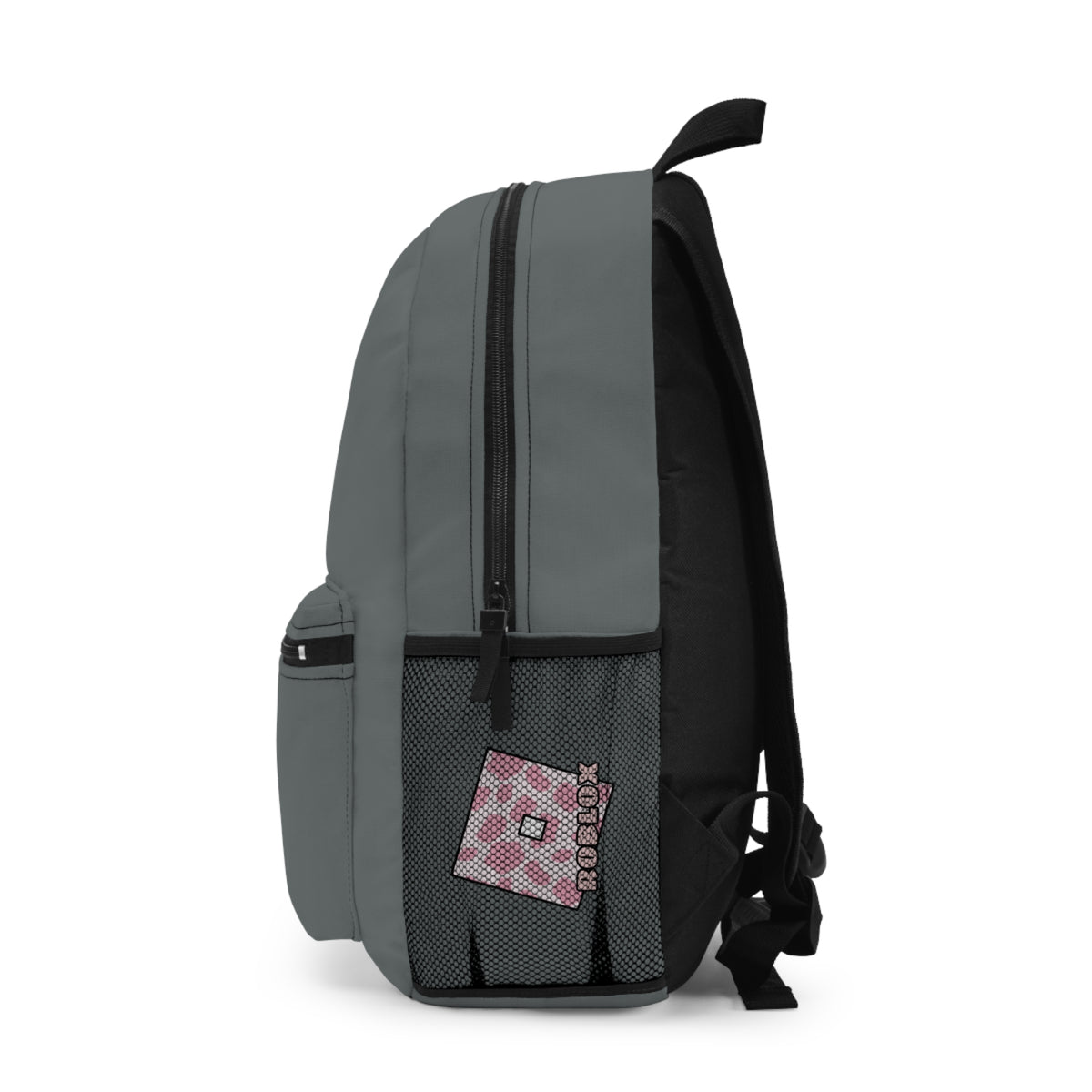Side view of dark grey Roblox girls school bag showing mesh pocket and logo at dobermenpremier.com
