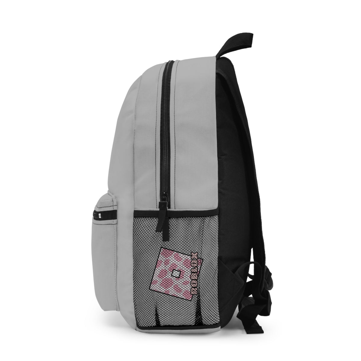 Side view of light grey Roblox girls school bag showing mesh pocket and logo at dobermenpremier.com