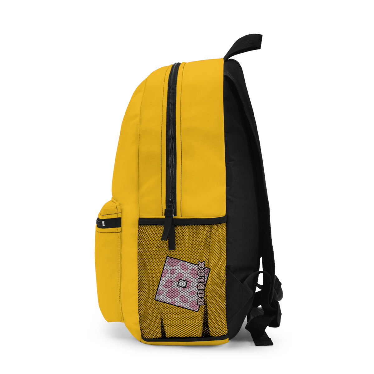 Side view of yellow Roblox girls school bag showing mesh pocket and logo at dobermenpremier.com