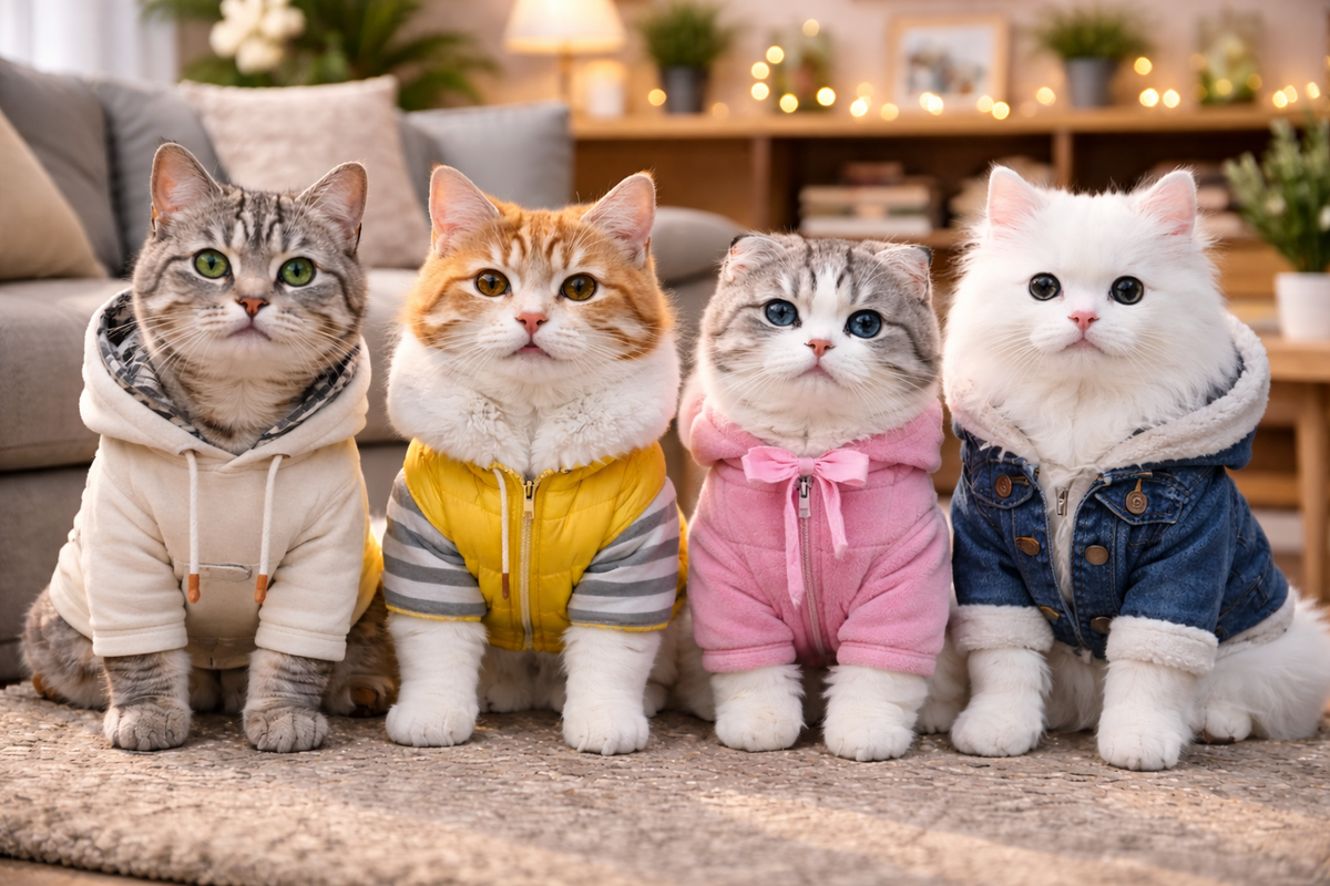 Collection of stylish cat sweaters, shirts, and festive costumes displayed in a cozy pet lifestyle setting at Dobermen Premier.