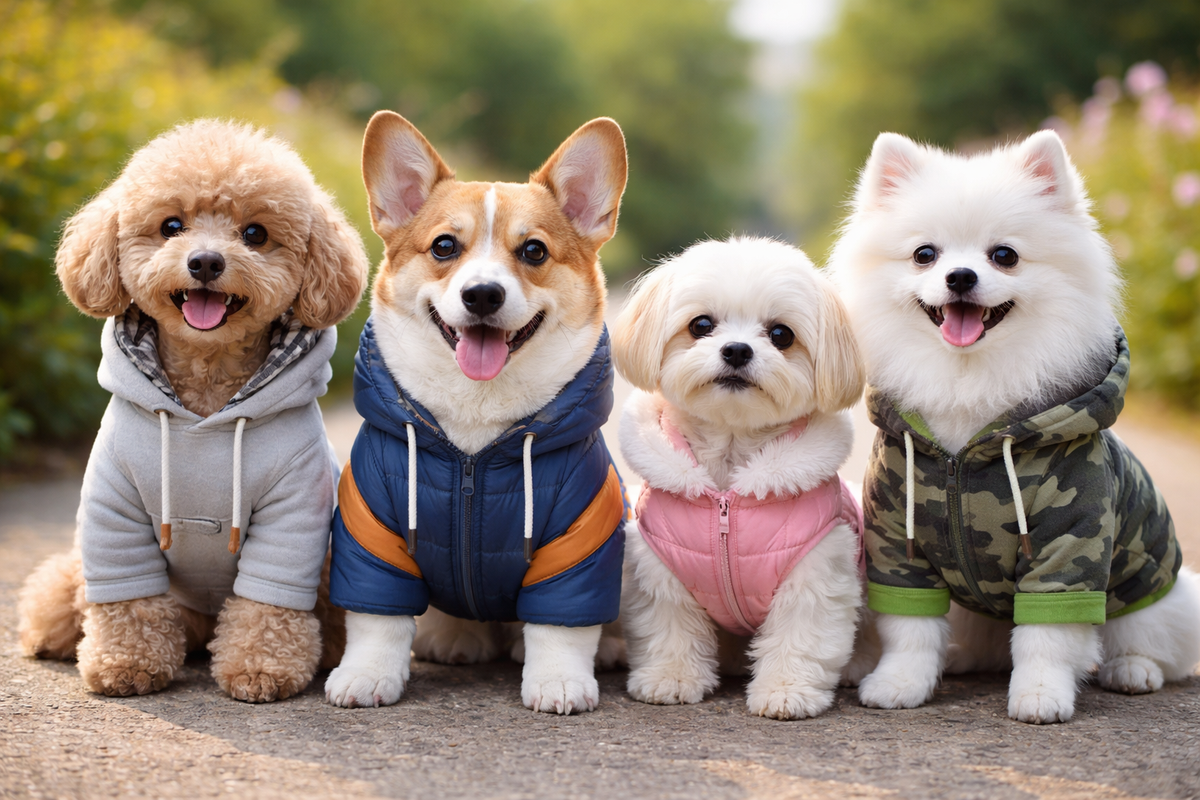 Collection of professional-grade dog winter coats, hoodies, and reflective rainwear displayed at Dobermen Premier.