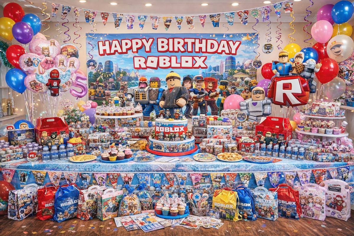 Comprehensive collection of Roblox themed birthday party supplies, including balloon sets, banners, and decorations at Dobermen Premier store.