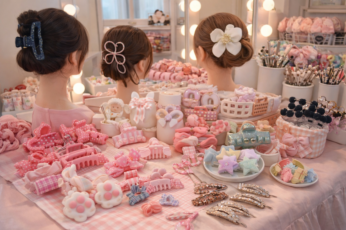Collection of luxury silk scrunchies, minimalist hair clips, and decorative headbands displayed at Dobermen Premier.