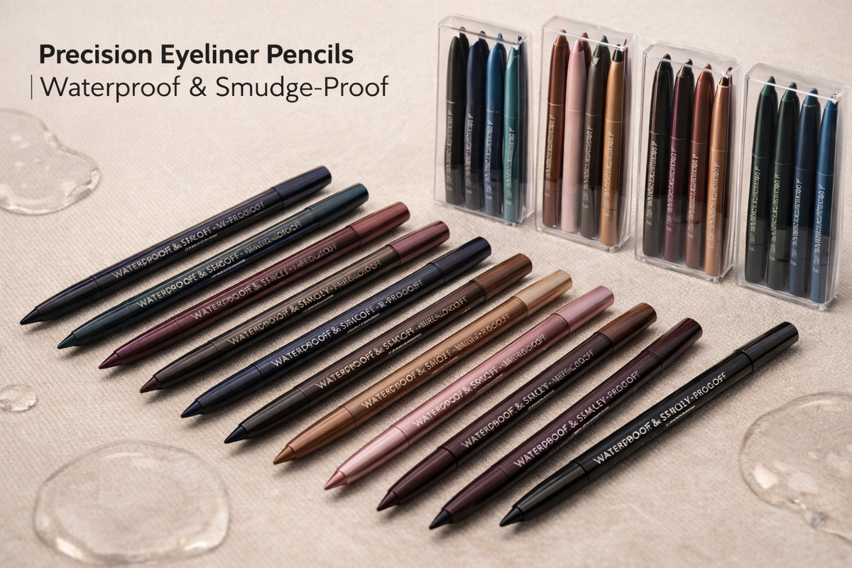 Collection of professional waterproof eyeliner pencils in various matte and metallic shades at Dobermen Premier.