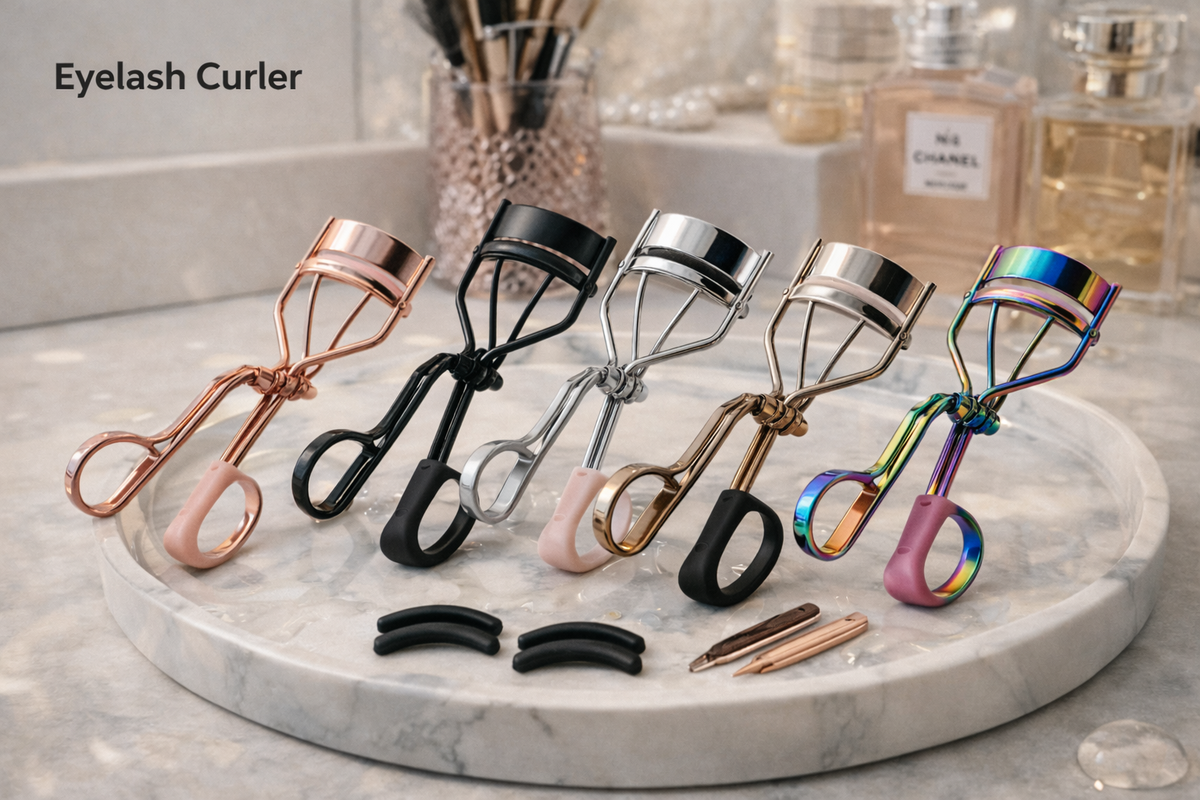 Professional stainless steel eyelash curler with ergonomic handle and soft silicone pads at Dobermen Premier.