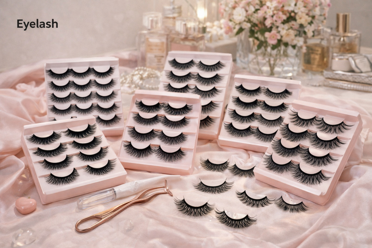 Selection of professional faux mink eyelashes and natural wispy false lashes in elegant packaging at Dobermen Premier.