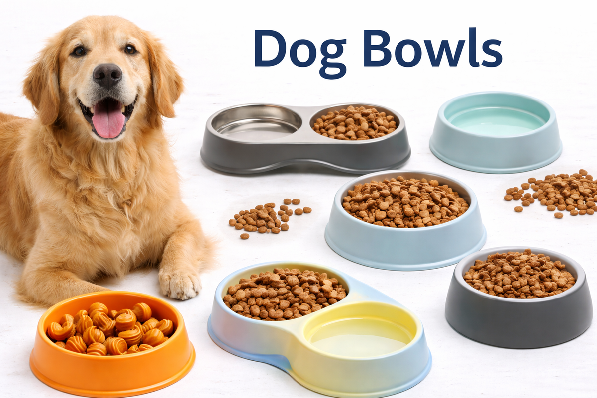 Elegant stainless steel and slow-feed dog bowls displayed in a modern kitchen setting at Dobermen Premier.