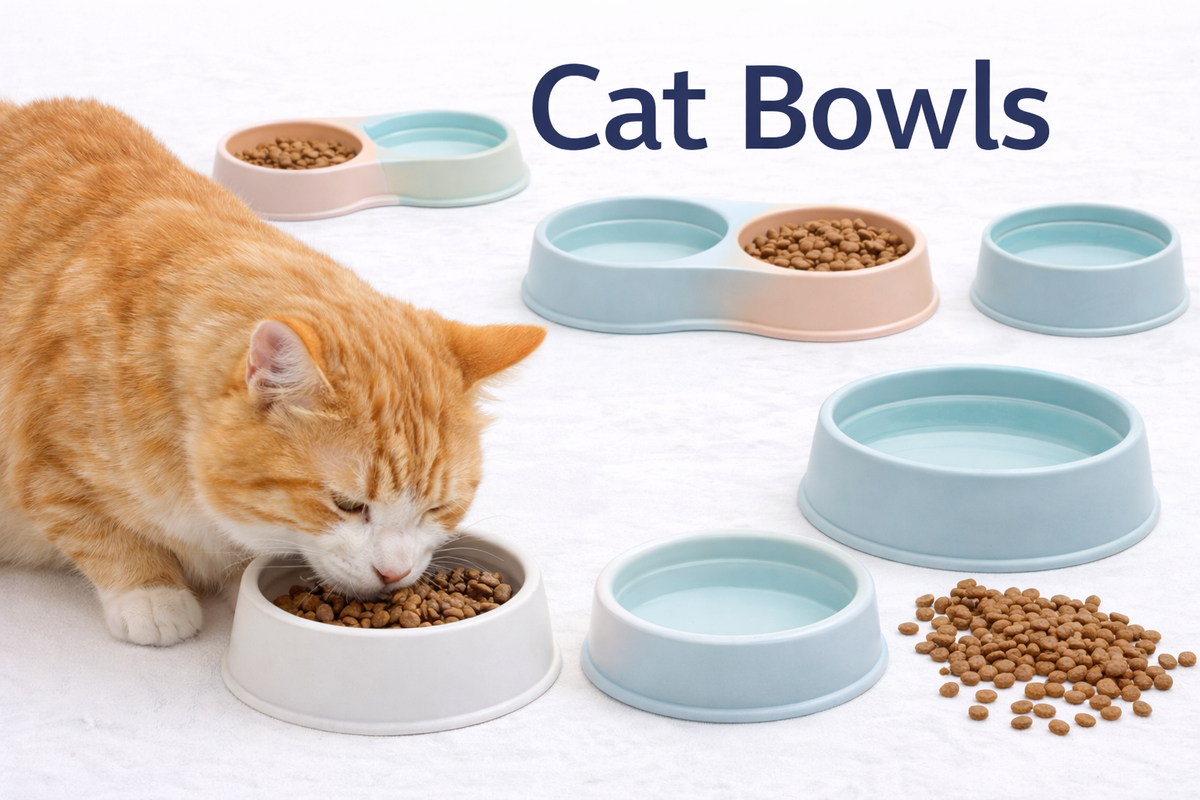 Modern tilted ceramic cat bowls and ergonomic elevated feeders in a clean pet-friendly kitchen at Dobermen Premier