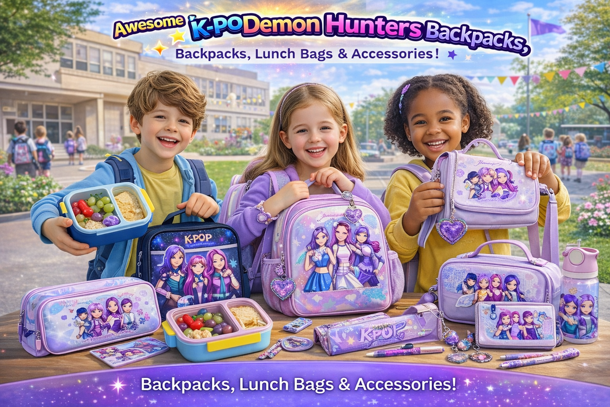 Collection of Kpop backpacks and bags including HUNTRAX Demon Hunters school bags and mini-backpacks featuring Rumi, Mira, and Zoey at Dobermen Premier.