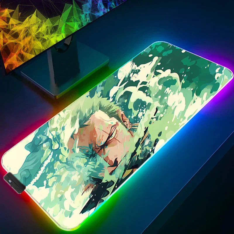 Large RGB gaming mouse pad with anti-slip base and stitched edges displayed on a professional gaming desk at Dobermen Premier.