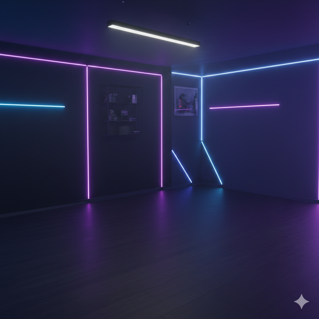 Immersive gaming room setup featuring synchronized RGB wall panels and smart LED ambient lighting from Dobermen Premier.
