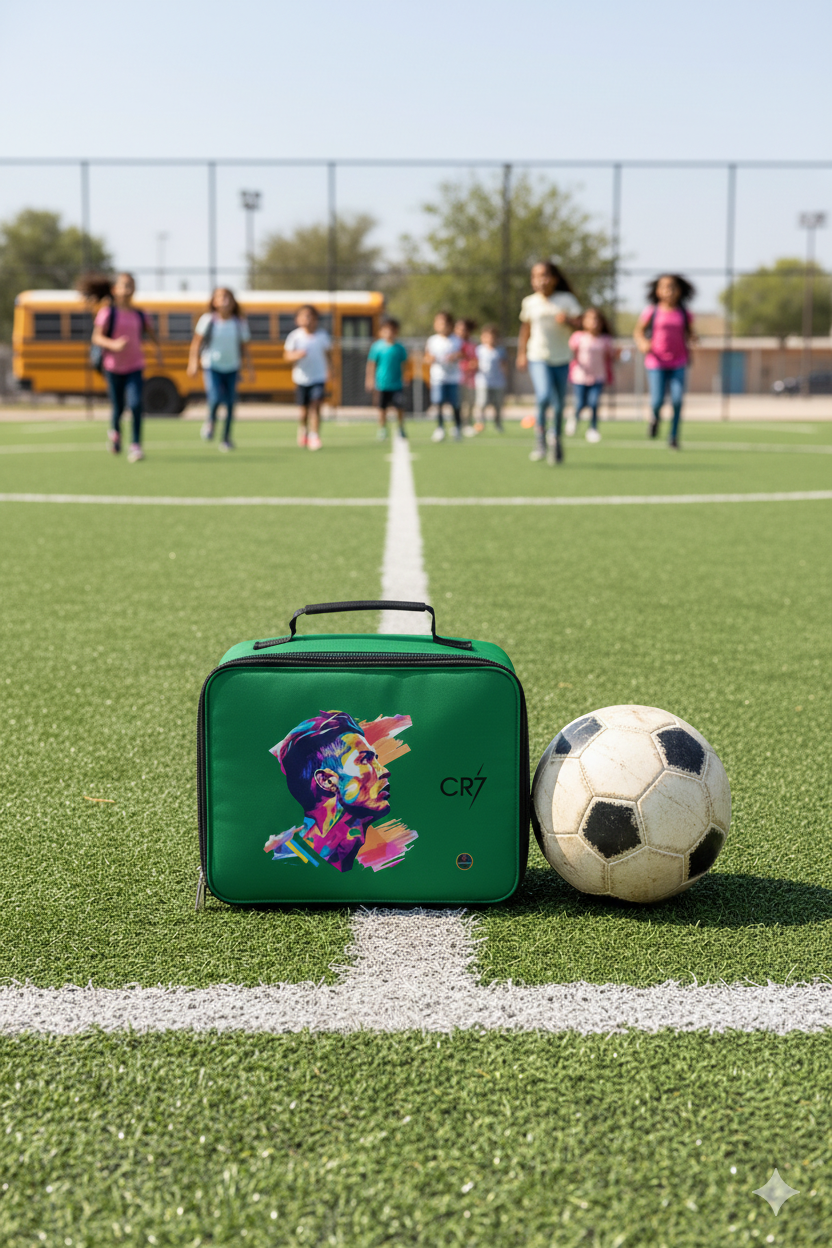 Collection of CR7 Cristiano Ronaldo thermal lunch bags with football art and premium insulation available in 21 colors at Dobermen Premier.