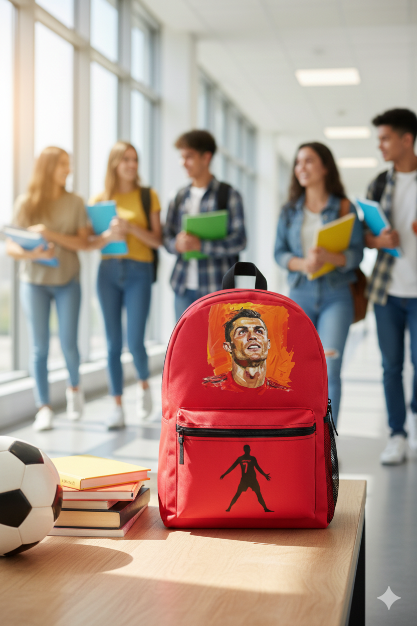 Professional CR7 Cristiano Ronaldo backpack with high-definition football graphics and ergonomic straps at Dobermen Premier.