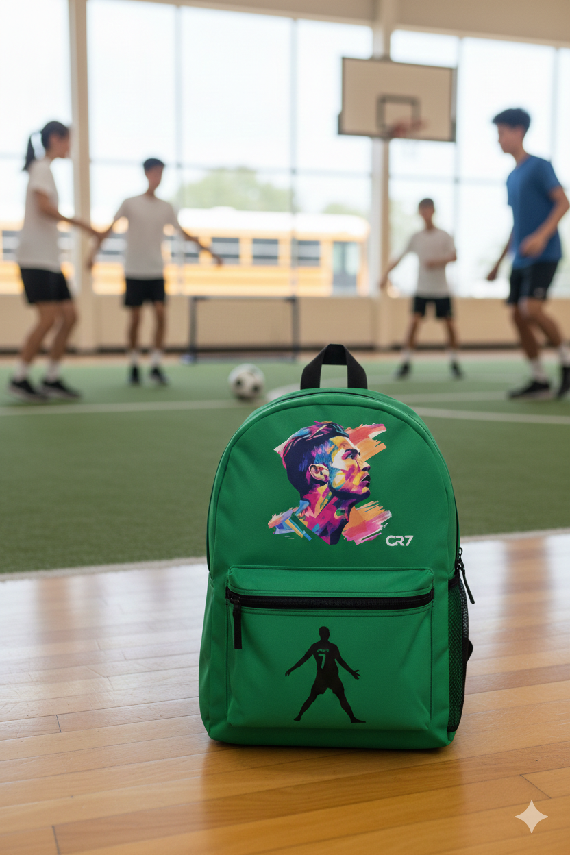 Red CR7 Cristiano Ronaldo school backpack with action football graphic and ergonomic design displayed in a school hallway at Dobermen Premier.
